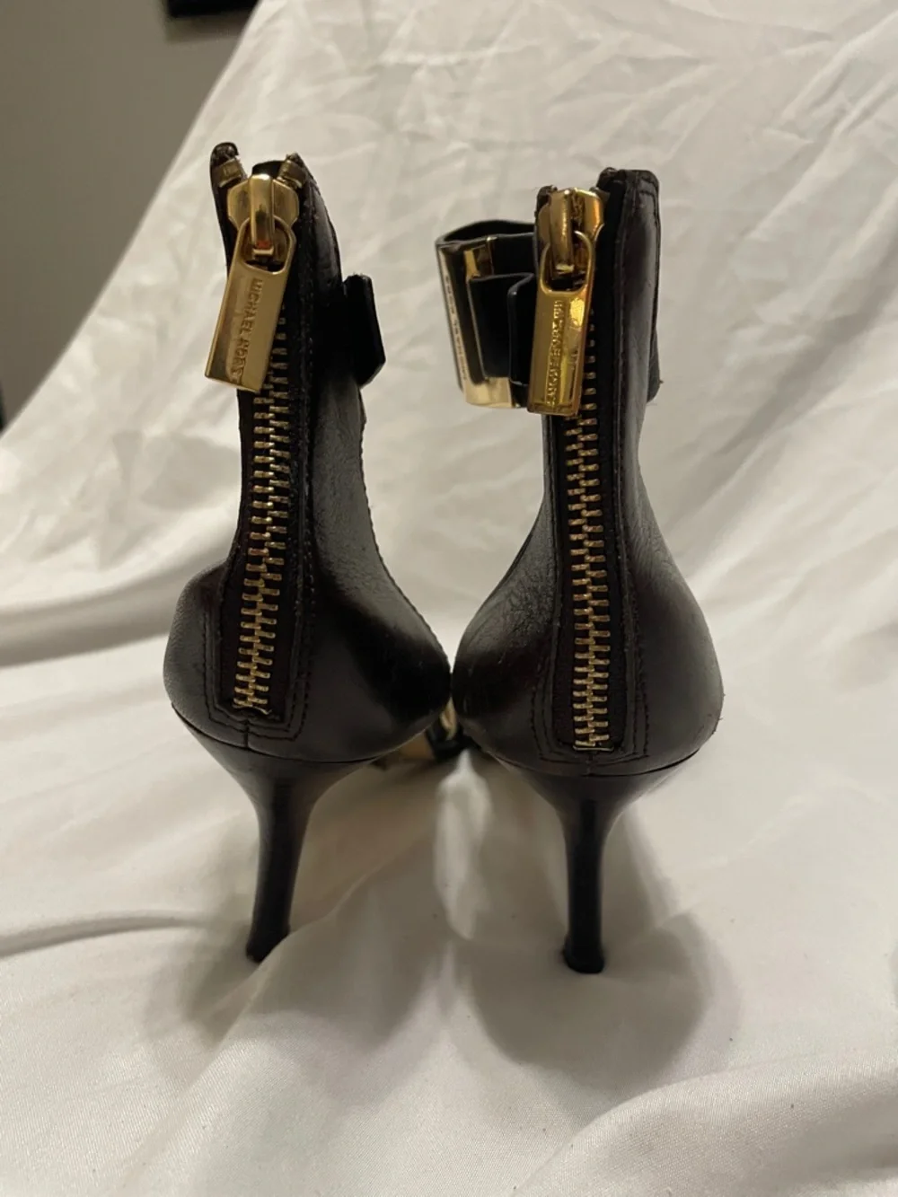 Michael Kors Dark Brown Pointed-Toe Ankle-Strap Heels with Gold Accent